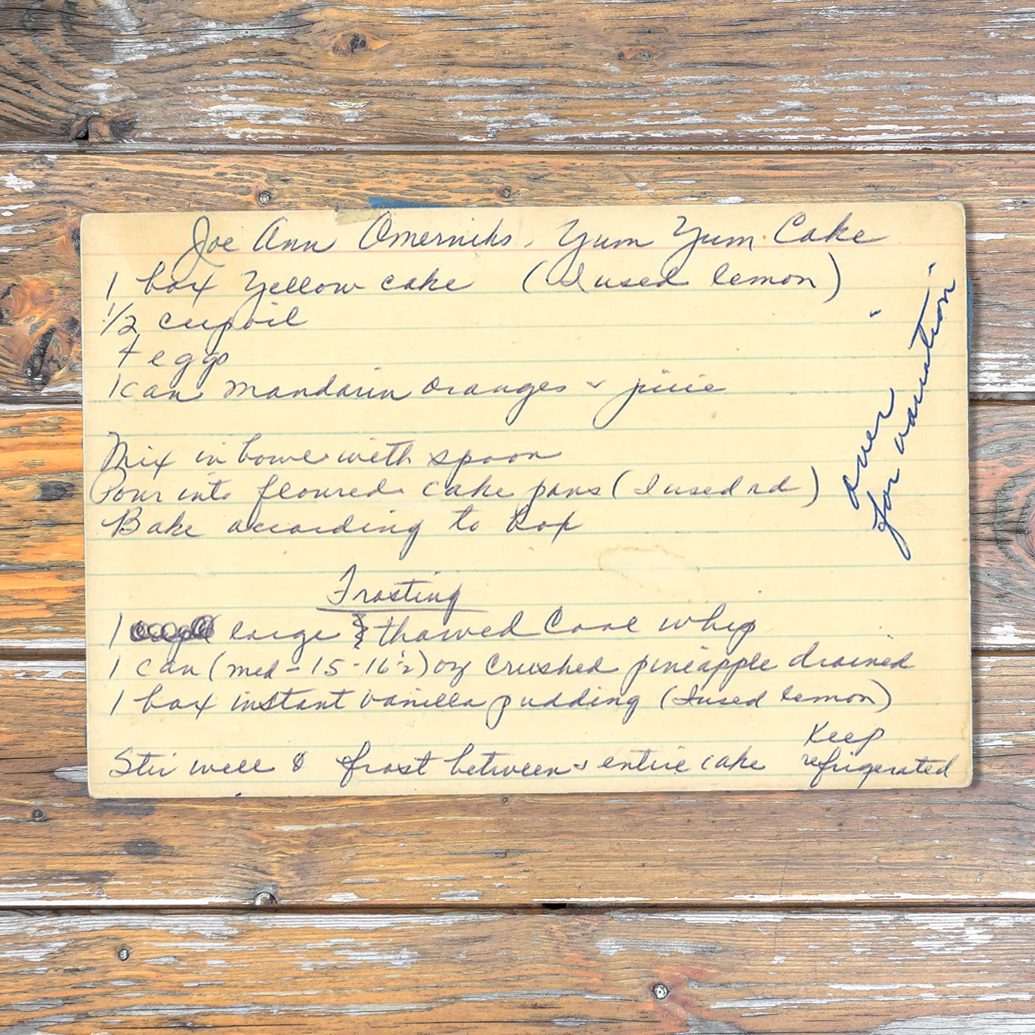 Handwritten recipe card for Yum Yum Cake