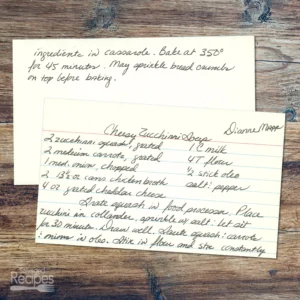 Handwritten recipe card for Cheesy Zucchini Soup from Mrs. Mapp