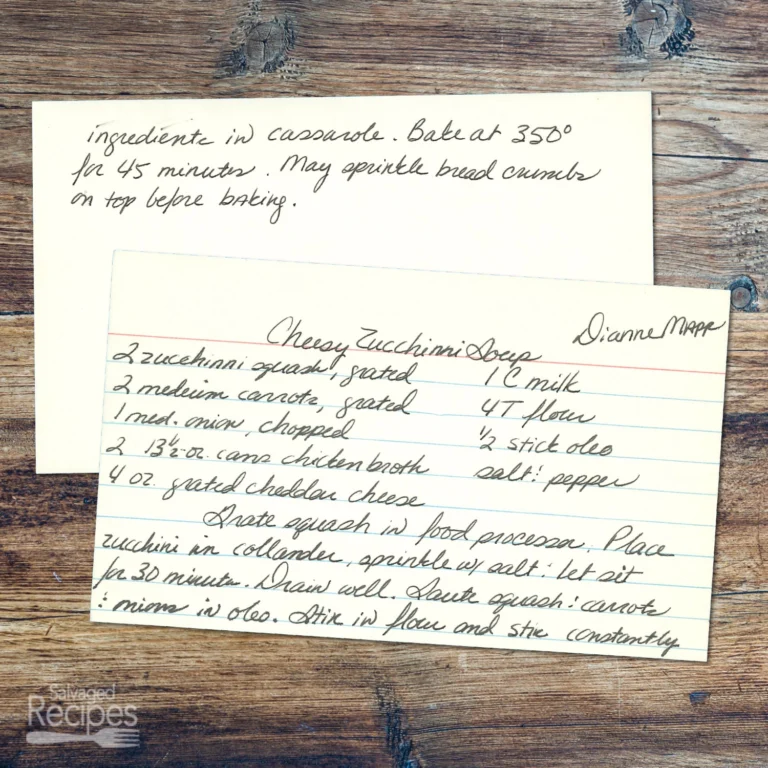 Handwritten recipe card for Cheesy Zucchini Soup from Mrs. Mapp