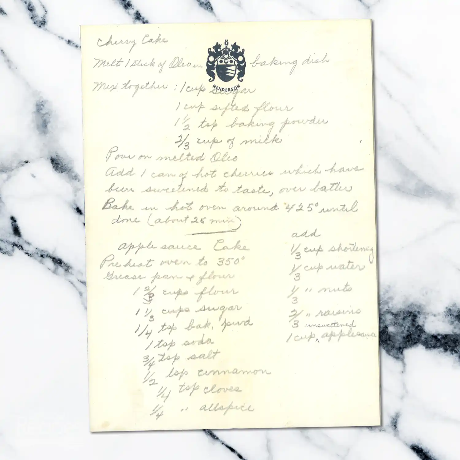 Handwritten recipe for Cherry Cake