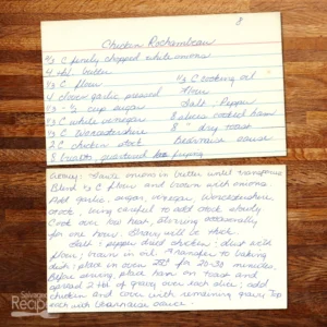 Handwritte nrecipe cards for Chicken Rochembeau