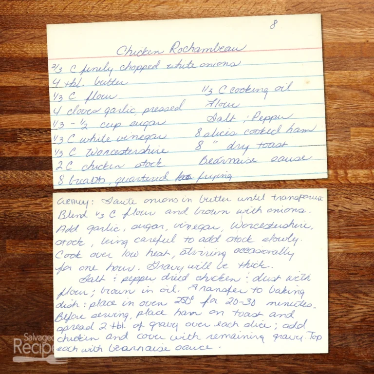 Handwritte nrecipe cards for Chicken Rochembeau