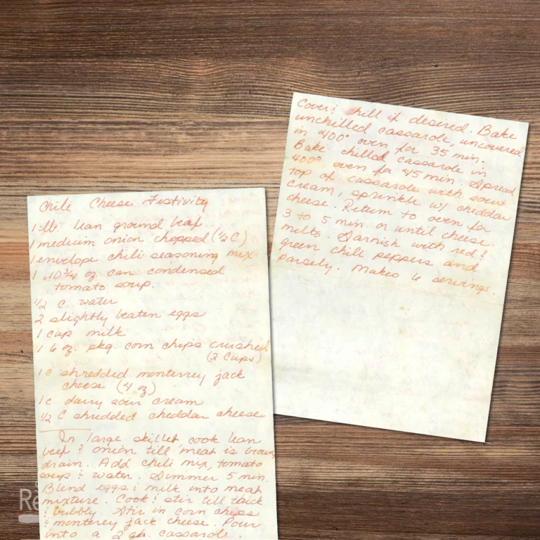 Handwritten recipe for Chili Cheese Festivity