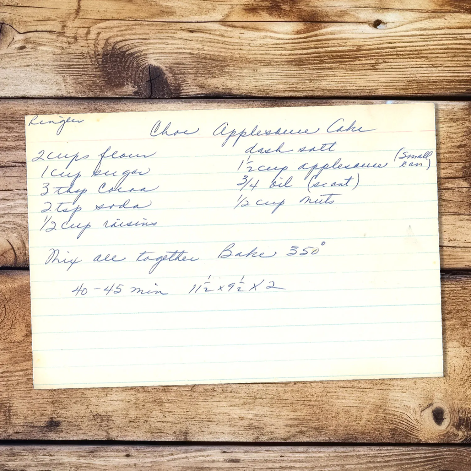 Handwritten recipe for Chocolate Applesauce Cake