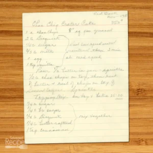 Handwritten recipe for Chocolate Chip Crater Cake