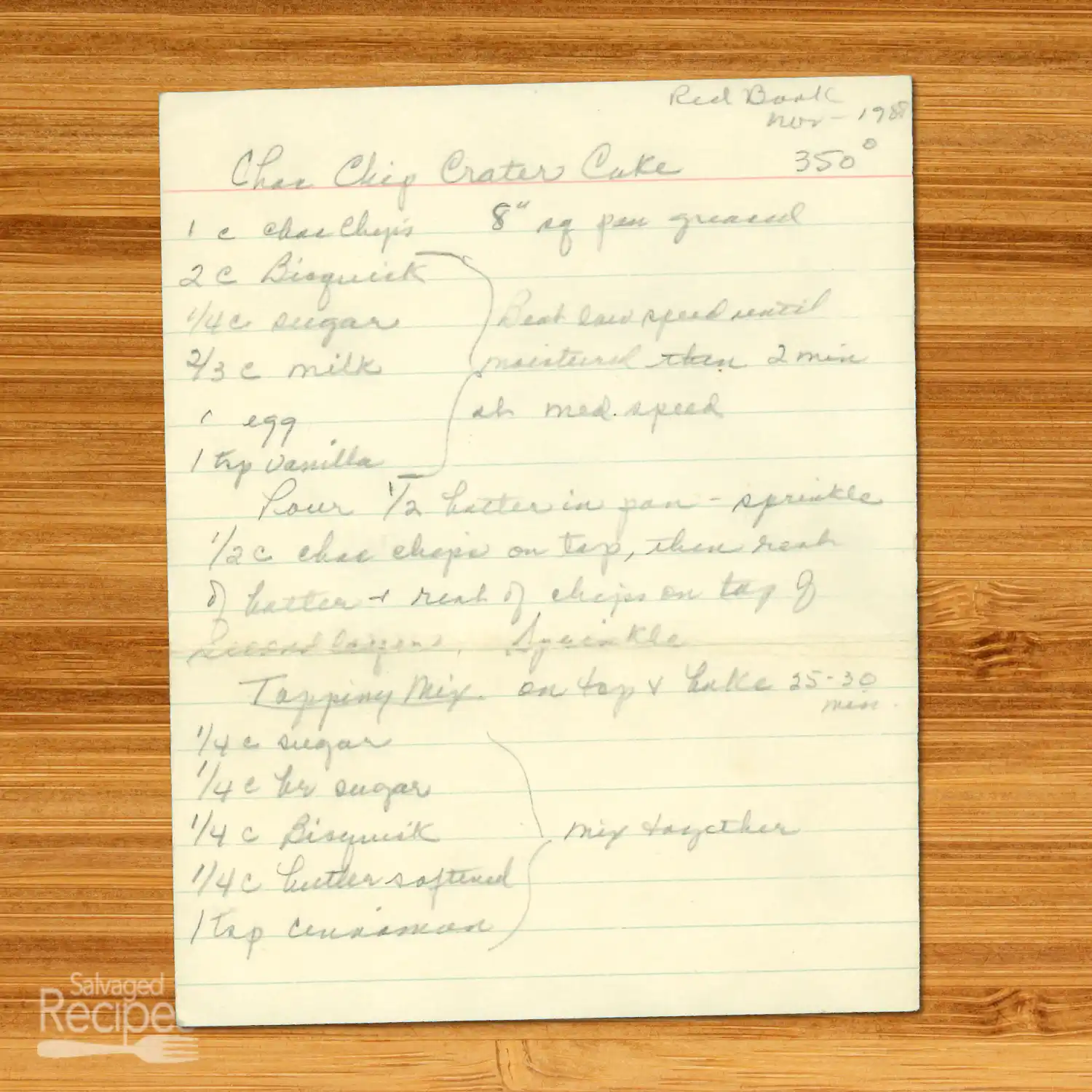 Handwritten recipe for Chocolate Chip Crater Cake