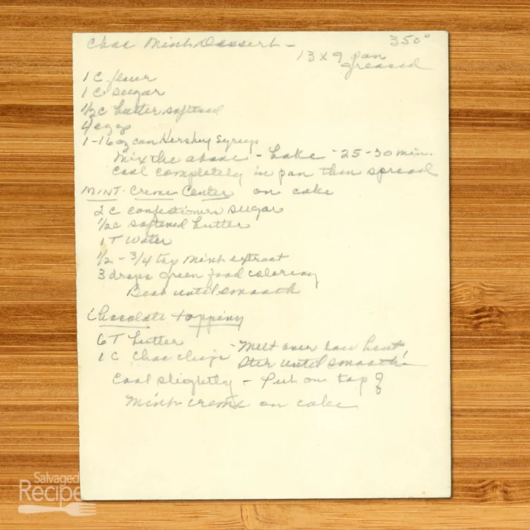 Handwritten recipe for Chocolate Mint Dessert