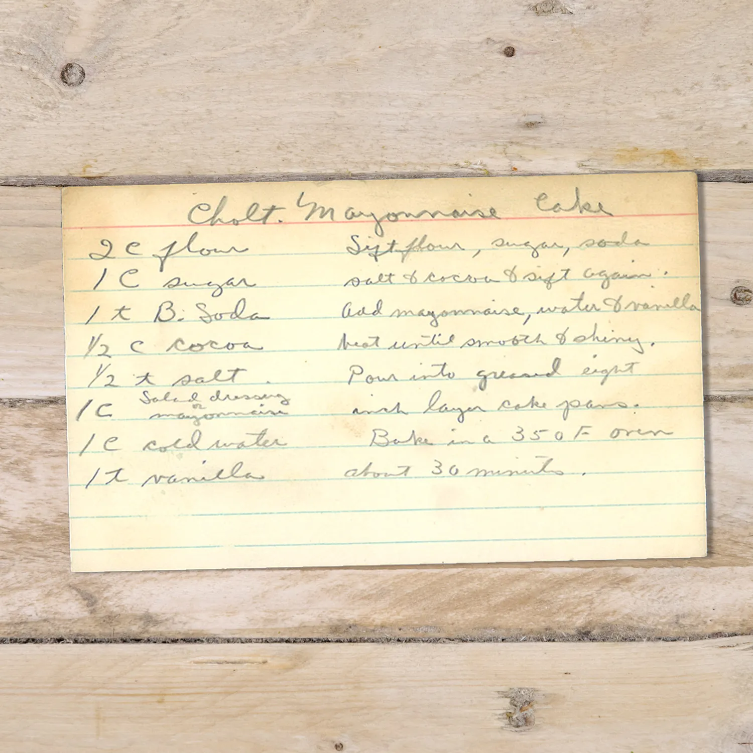 Handwritten recipe card for Chocolate Mayonnaise Cake