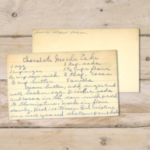 Handwritten recipe card for Chocolate Mocha Cake
