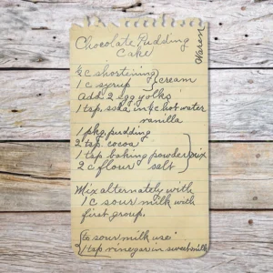 Handwritten recipe for Chocolate Pudding Cake