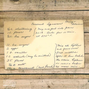 Handwritten recipe card for Coconut Squares