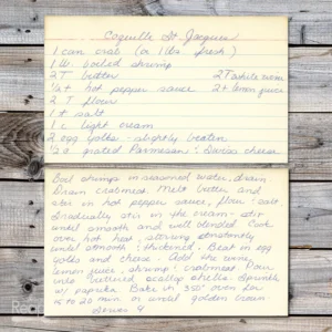 Handwritten recipe card for Coquilles St. Jacques