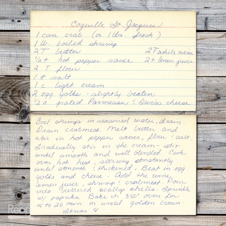 Handwritten recipe card for Coquilles St. Jacques