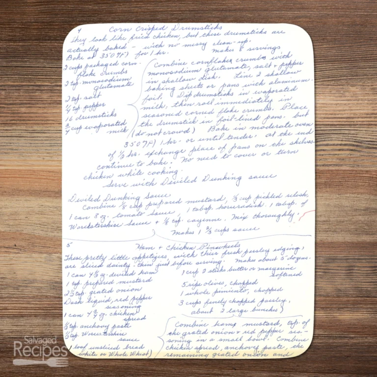 Handwritten recipe for Corn Crisped Drumsticks