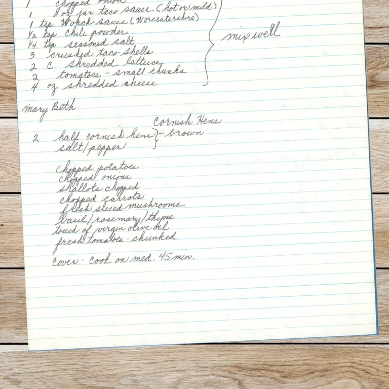 Handwritten recipe for Cornish Hens