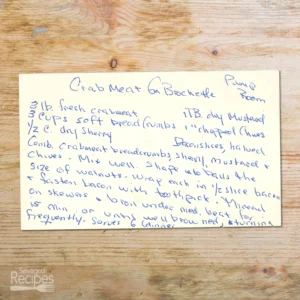 Handwritten recipe card for Crab Meat on Brochette