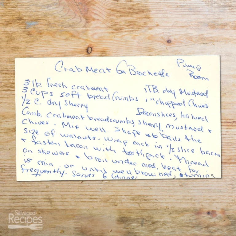 Handwritten recipe card for Crab Meat on Brochette