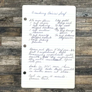 Handwritten recipe for Cranberry Raisin Loaf