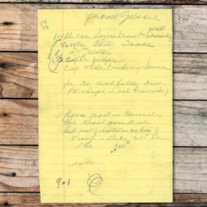 Handwritten recipe for Cranberry Sauerkraut Meatballs