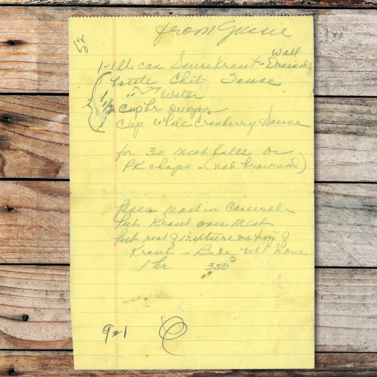 Handwritten recipe for Cranberry Sauerkraut Meatballs