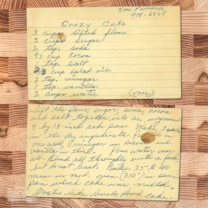 Handwritten recipe card for Crazy Cake