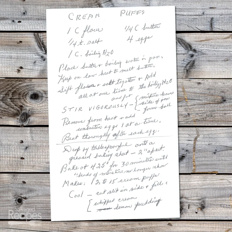 Handwritten recipe for Cream Puffs