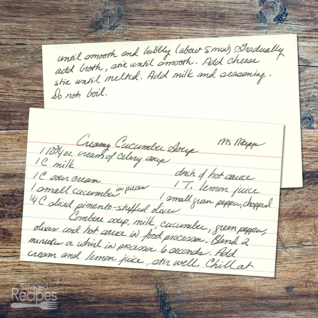 Handwritten recipe for Cucumber Soup from Mrs. Mapp