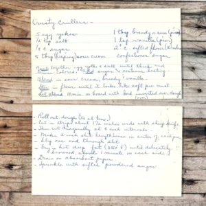 Handwritten recipe card for Crusty Crullers