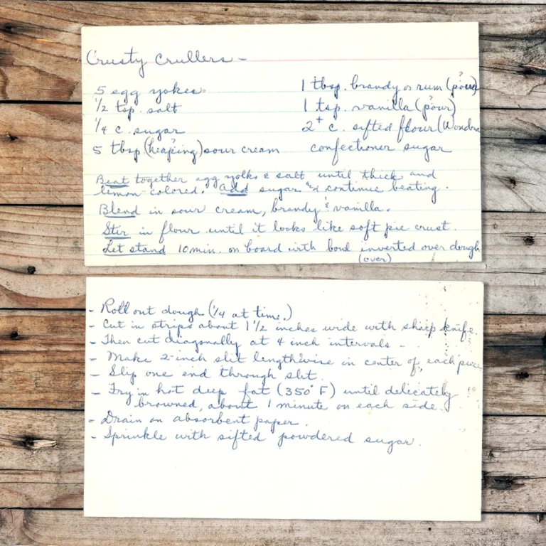 Handwritten recipe card for Crusty Crullers
