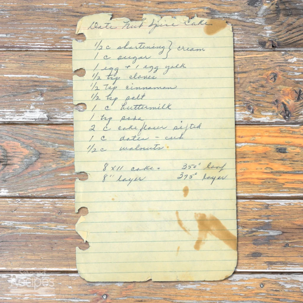 Handwritten recipe for Date-Nut Spice Cake