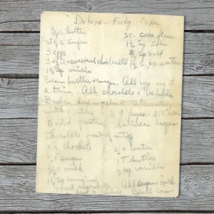 Handwritten recipe for Deluxe Fudge Cake