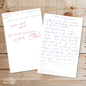 Handwritten recipes for Earth Cherry Preserves
