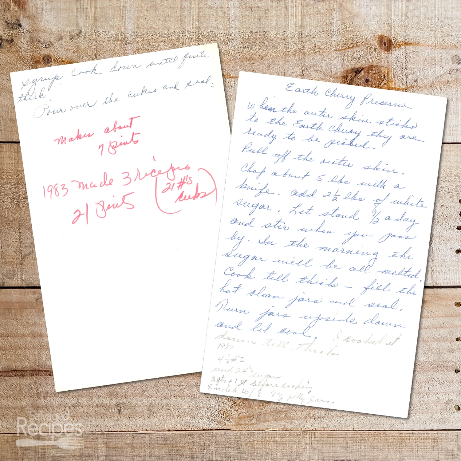 Handwritten recipes for Earth Cherry Preserves