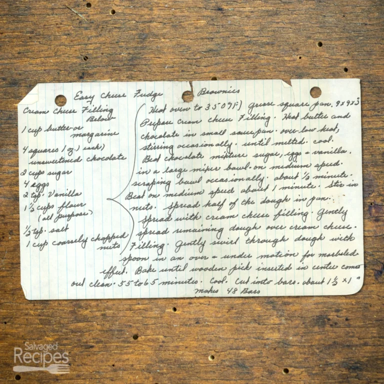 Handwritten recipe for Easy Cheese Fudge Brownies