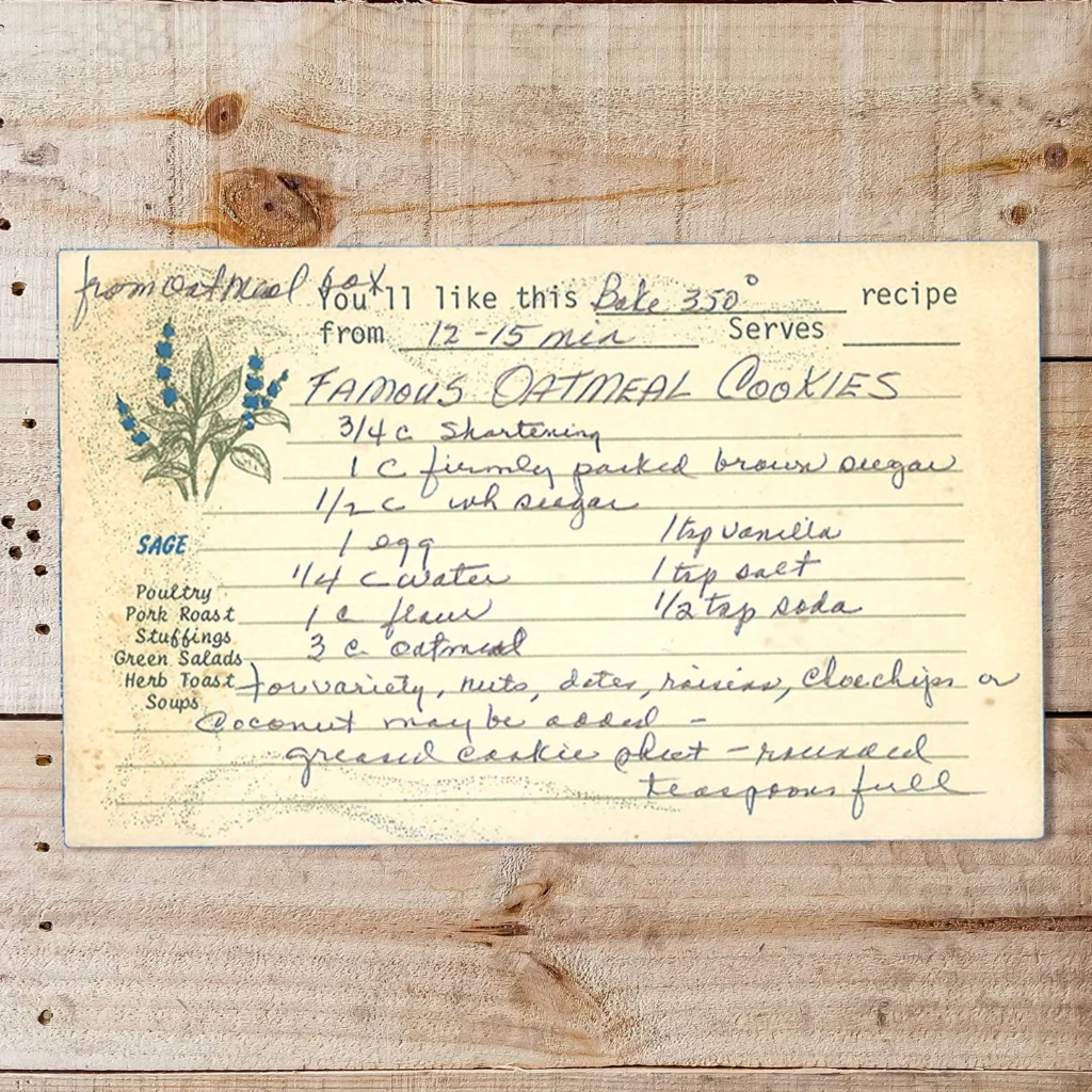 Handwritten recipe card for Famous Oatmeal Cookies