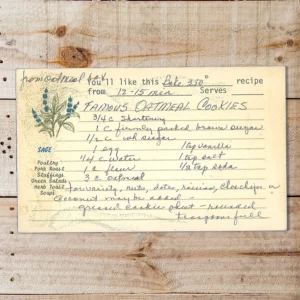 Handwritten recipe card for Famous Oatmeal Cookies