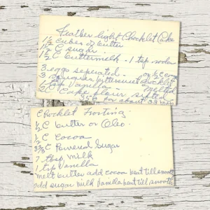 Handwritten recipe card for Feather Light Chocolate Cake