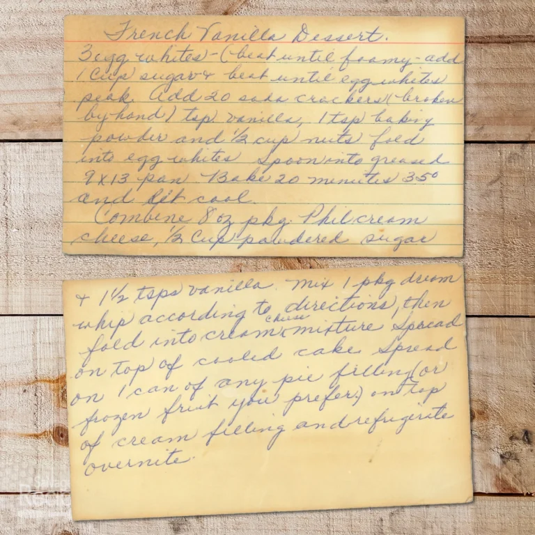 Handwritten recipe card for French Vanilla Dessert