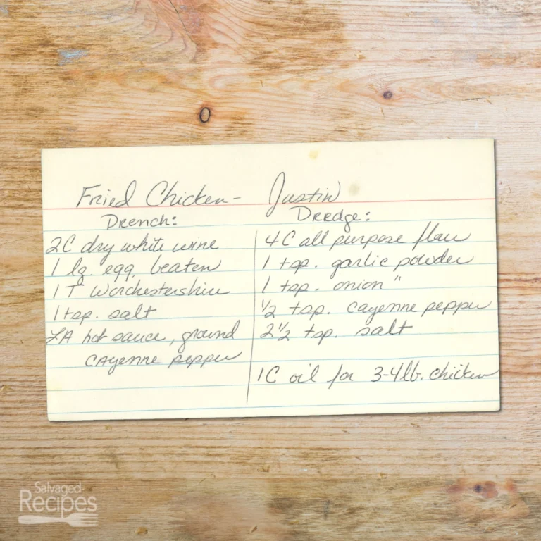 Handwritten recipe card for Fried Chicken from Justin