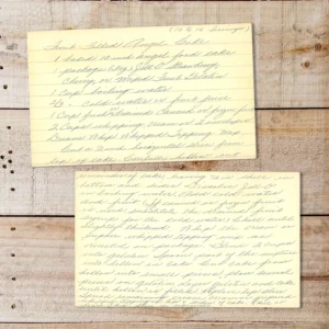 Handwritten recipe card for Fruit Filled Angel Cake