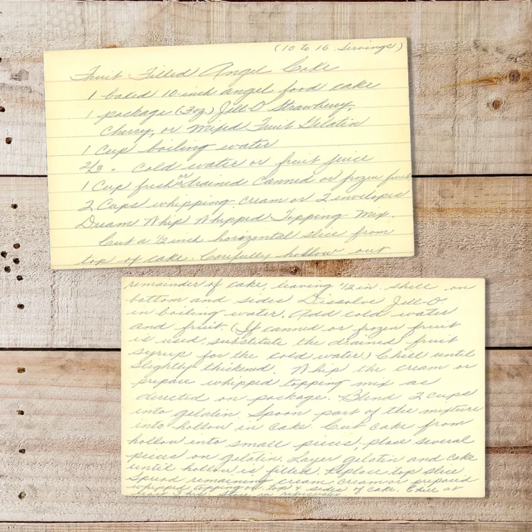Handwritten recipe card for Fruit Filled Angel Cake