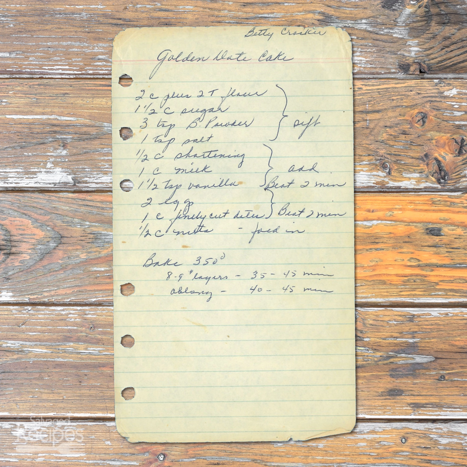 Handwritten recipe for Golden Date Cake