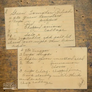 Handwritten recipe card for Green Tomato Relish