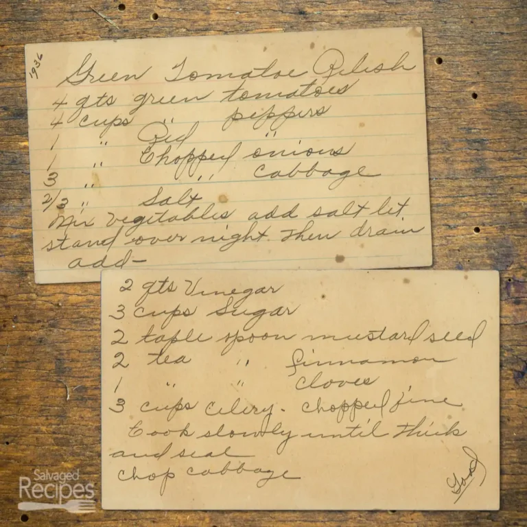 Handwritten recipe card for Green Tomato Relish