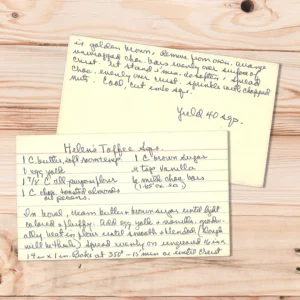 Handwritten recipe card for Helen's Toffee Tops