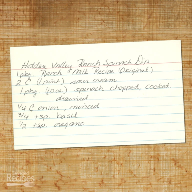 Handwritten recipe for Hidden Valley Ranch Spinach Dip