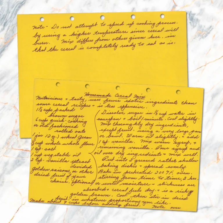 Handwritten recipe for Homemade Cereal Mix