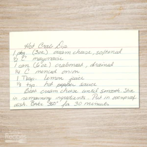 Handwritten recipe card for Hot Crab Dip