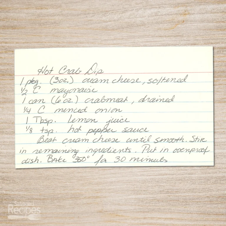 Handwritten recipe card for Hot Crab Dip