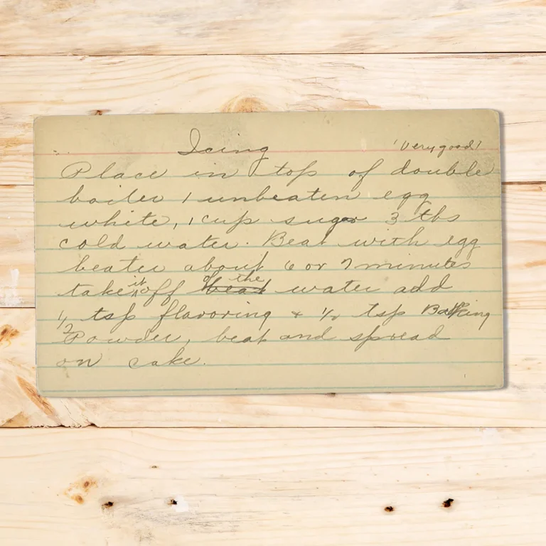 Handwritten recipe card for Icing